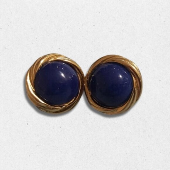 Trifari Jewelry - Trifari Signed Earrings Cabochon Stone Enamel Centerpiece Goldtone/Blue Women's